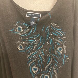 Karen Scott Plus Size 3X Gray Top Peacock Feather Graphic Embellished Bling top